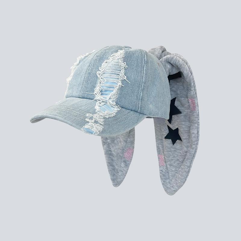Zealous Sole Women's Dark Niche Y2k Rabbit Ears Denim Ripped Baseball Cap Men And Personality Metal Ring Street Trend Adjustable Sports Hat Cm