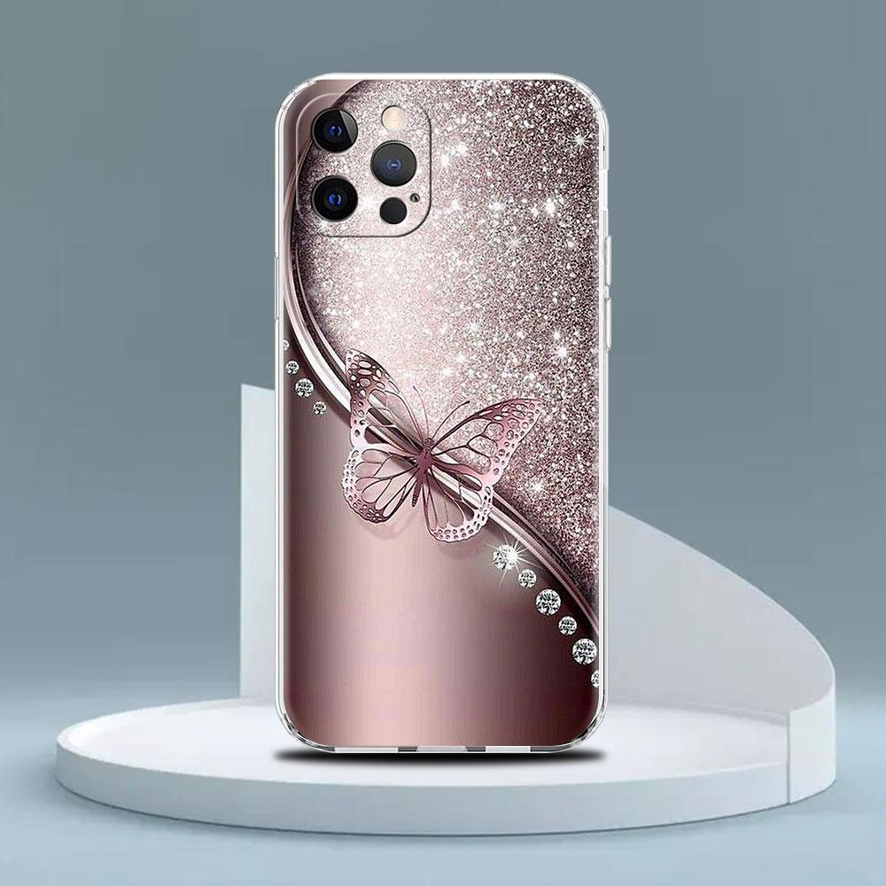 Transparente Hülle für Apple iPhone 14 13 11 12 Pro 7 8 Plus XR X XS Max 6 6S 14Pro Silikon Handyhülle Beauty Pink Schmetterling