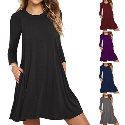 Herbst Frühling Kleid Rundhals A-Linie Taschen Locker Großer Saum Lange Ärmel Minikleid Reine Farbe Casual Dating Shopping Kurzes Kleid