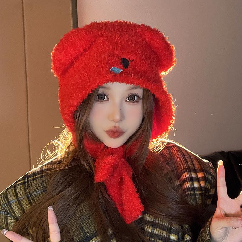 New Hat for Women's Snot Bear Lace Up Plush Hat Autumn and Winter Ear Protection Warm Pullover Hat Knitted Lei Feng Wool Hat