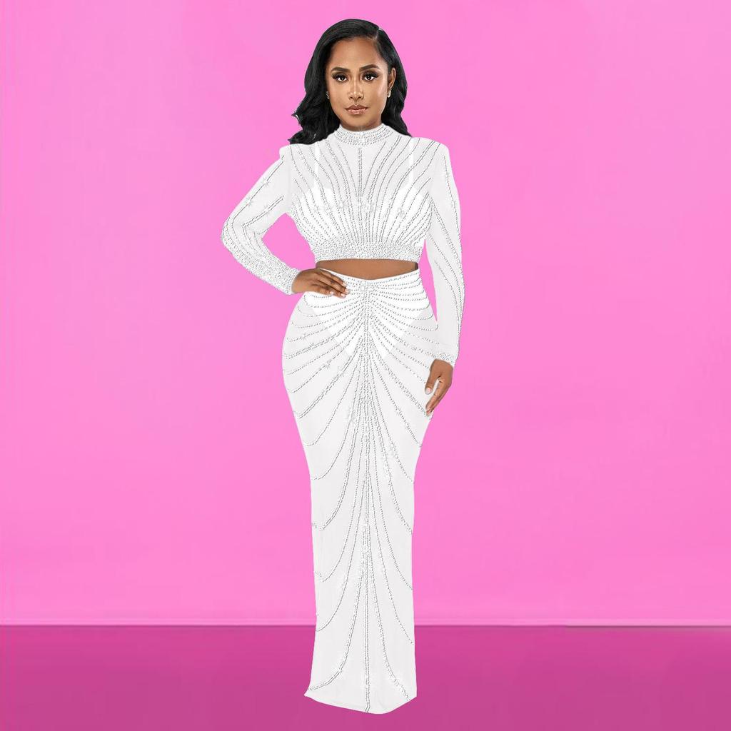 C6028 European & American Fashion Mesh Hot Drill See-through Long Sleeve Dress Two-piece Set for Women