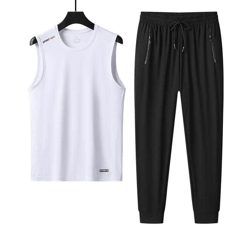 Large Size Ice Silk Vest Suit Men's Light And Breathable Sports Suit Men's Casual Ice-sense T-shirt Ice Silk Pants Men's Two-piece Set