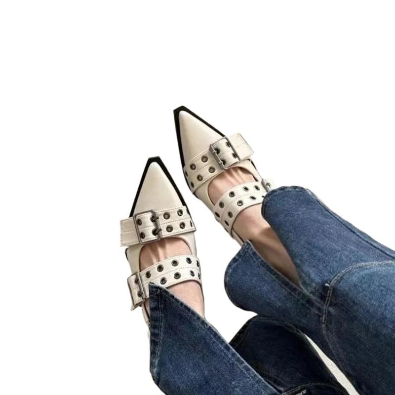 Scarpe Piatte di Lusso con Fibbia da Donna, Sandali Casual con Tacco Scoperto e Punta Stretta, Taglia Grande 34-43