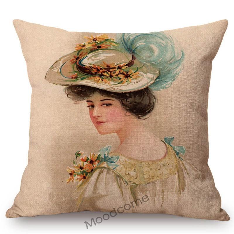 European Royal Court Victorian Era Lady Hat With Flower Elegant Sofa Throw Pillow Cover Classic Vintage Linen Decor Cushion Case