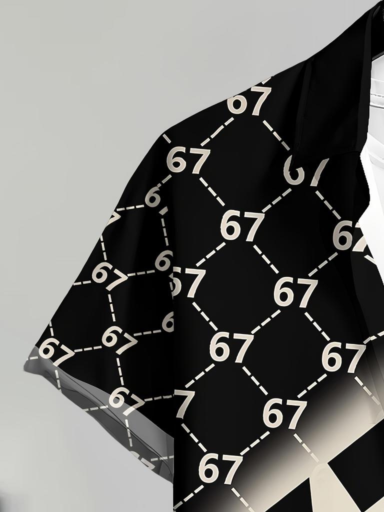 Men'S Casual 3D Black Base 67 Number Diamond Check Full Print Shirt