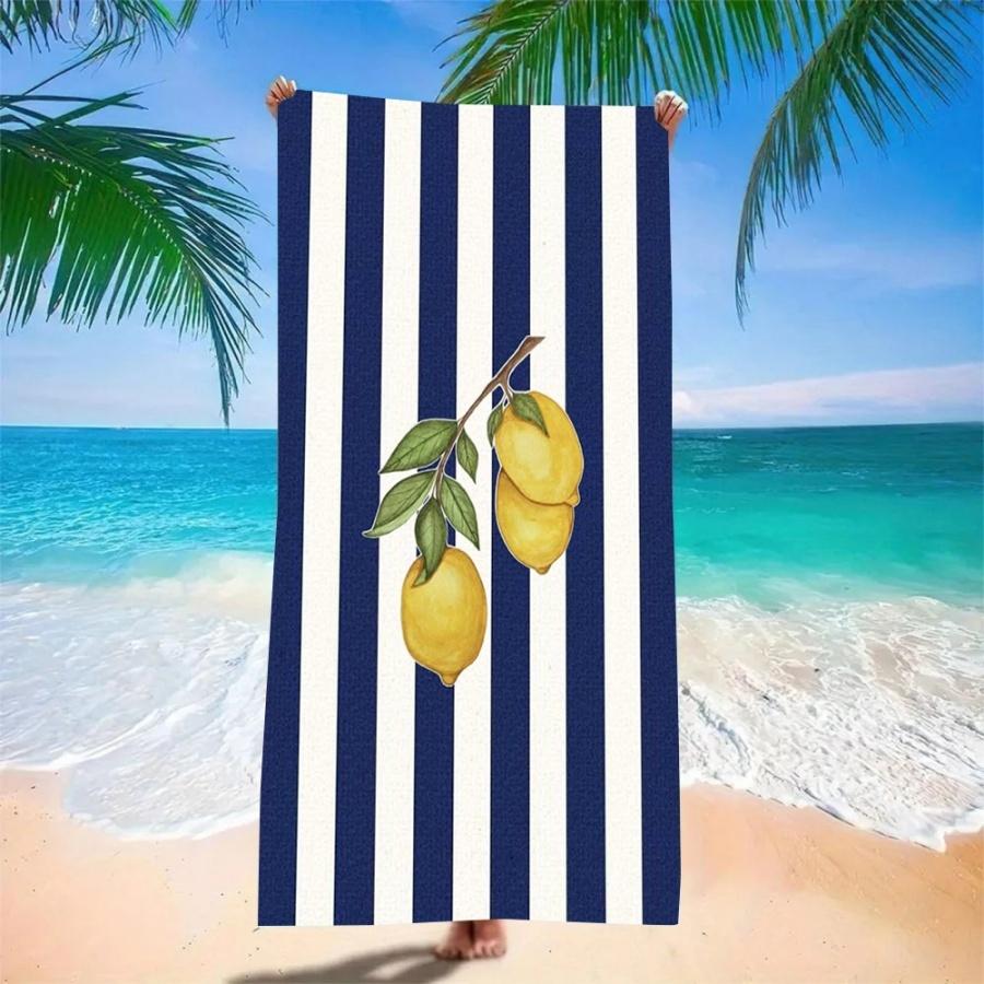 Beach Towel Oversized Sand Free Quick Dry Microfiber Lemon Print Navy White Striped Towels for Adults Pool Swim Camping Travel