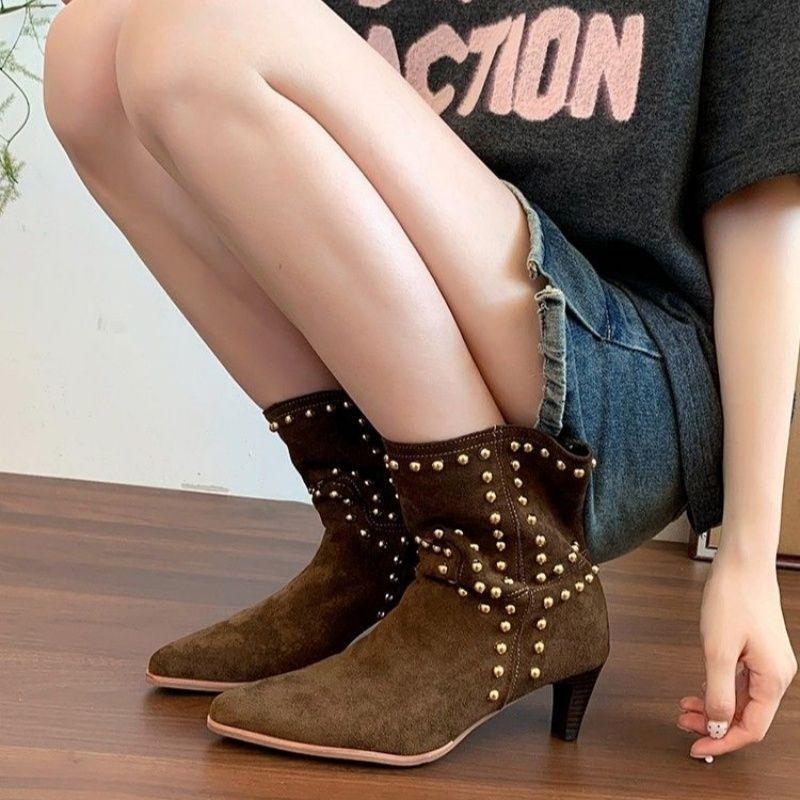 Fashion Fashion Women Boots Autumn Winter Women Shoes Brown Pointed Rivets Short Boots Suede Western Cowboy Ankle Boots Botas Para Mujer
