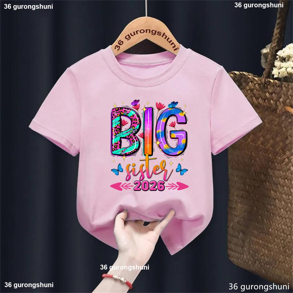 Cute 2026 Girls T-shirt Big Sister LoadingPromoted To Big Sister Tshirt Announcement Kids Shirt Kawaii Girl'S Clothes