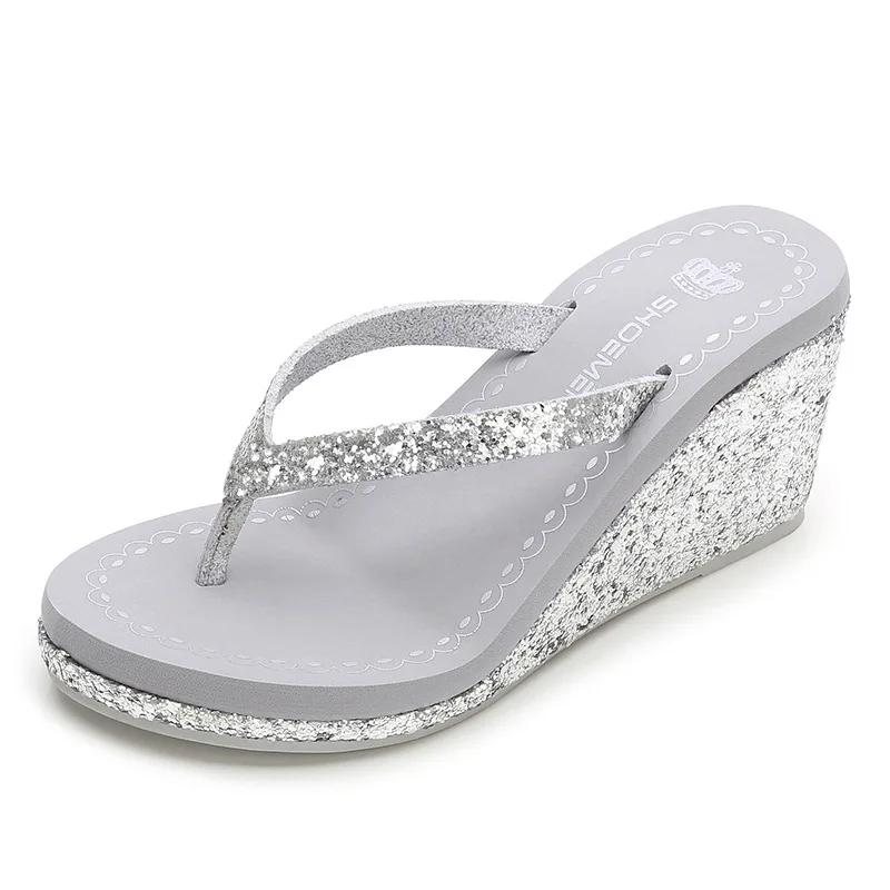 Fashion Summer Platform Women Slippers High Heel Wedges Slides Sequins Rhinestones Ladies Flip Flops Casual Female Sandals Sexy Shoes