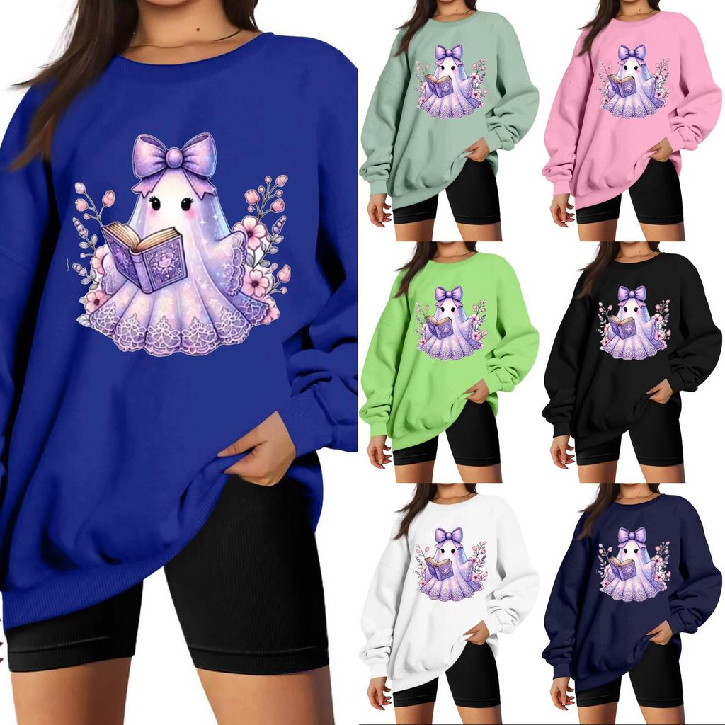 Women's Comfortable Sweatshirt Casual Loose Fit Round Neck Long Sleeve Pullover, Color with Halloween Small Print