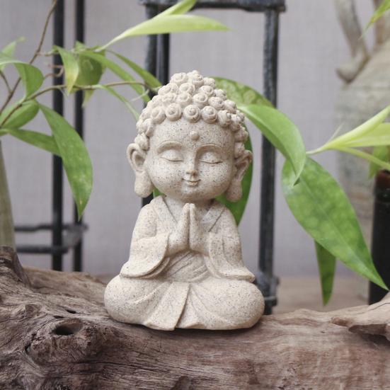 Mini Faux Sandstone Buddha Statue Small Zen Monk Praying Sculpture