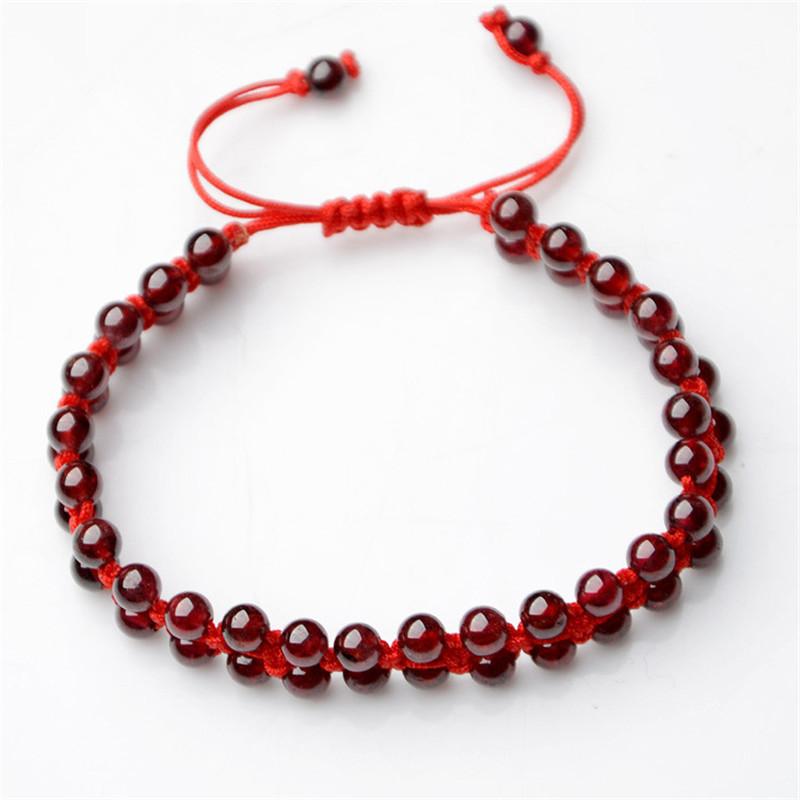 Pulseira de granada vermelha natural, contas de granada redondas, acessórios de corda vermelha feitos à mão, pulseira faça você mesmo, joias de granada, jade