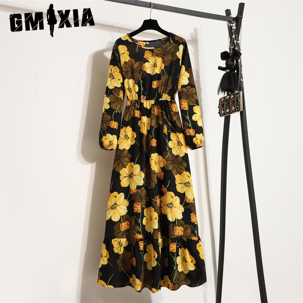GMXIA 25 Colors Spring Women Maxi Dresses Casual Long Sleeve Floral Print O-Neck Ladies Long Dress Bohe Beach Party Mujer Vestidos Muslim Dress