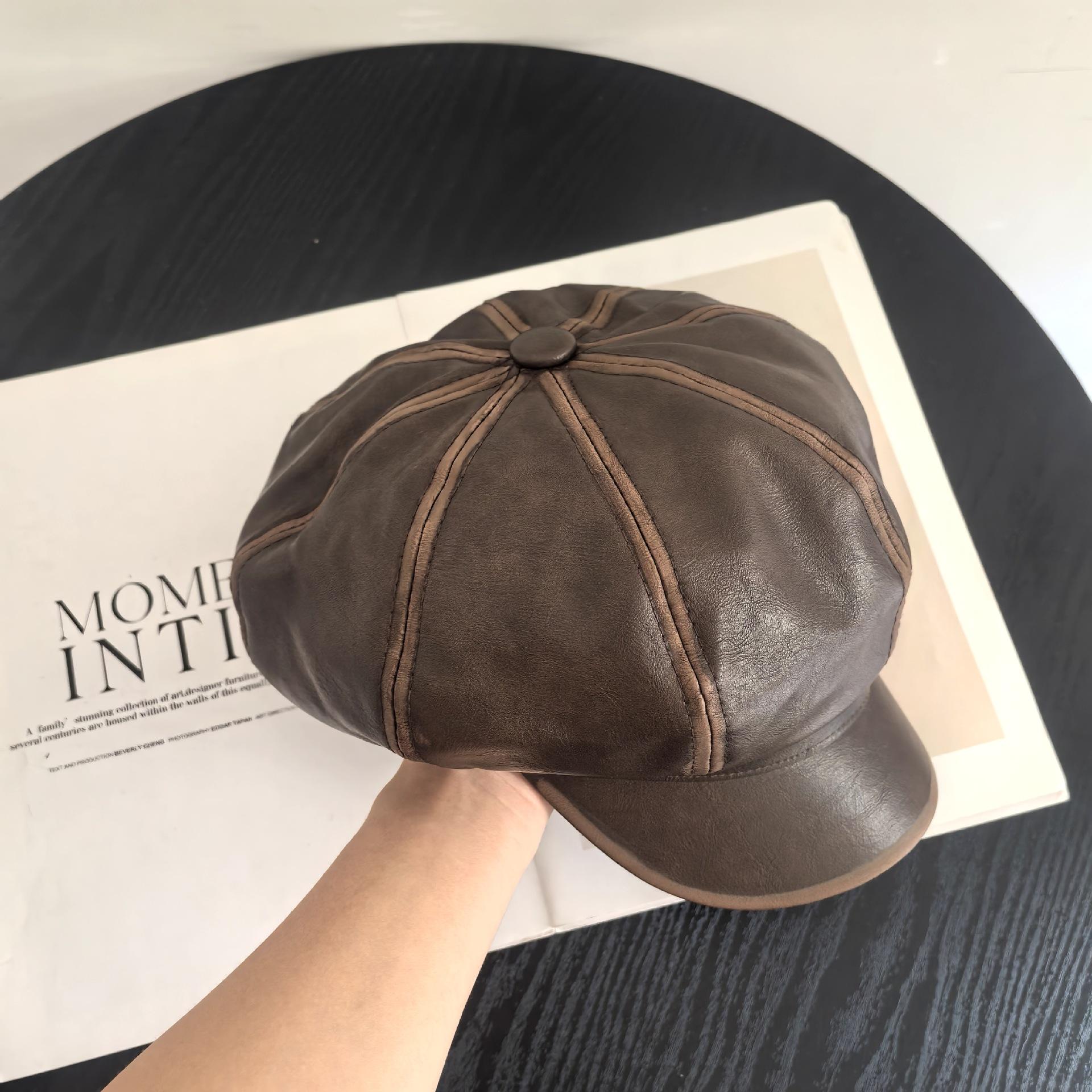 

Универсальная кепка из искусственной кожи в британском стиле, маленькая шляпа газетчика, тренд весны и осени, новая ретро-шляпа со звездчатым анисом M（56-58cm） темно-коричневого