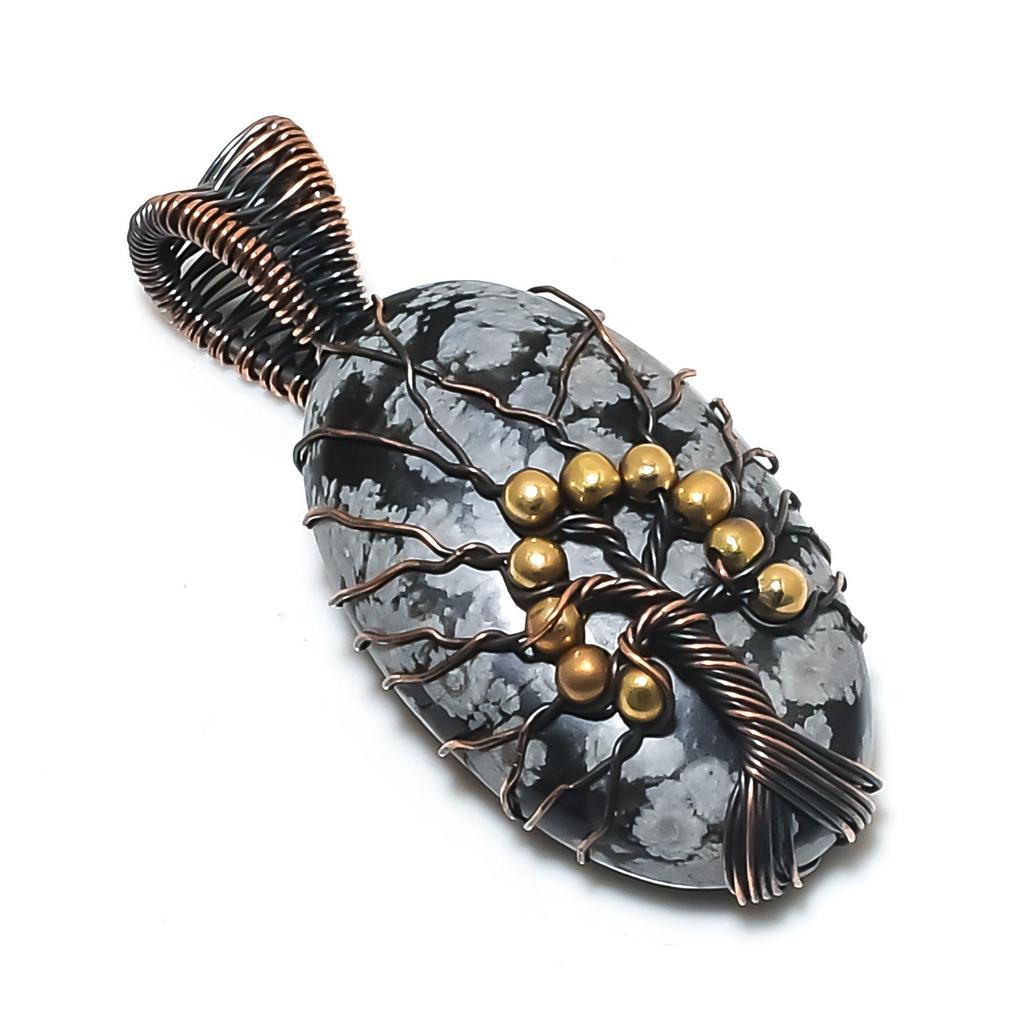 Tree Of Life Snowflake Obsidian Pendant, 999 Copper Wire Wrapped Gemstone Handmade Dainty Jewelry Pendant, For Her