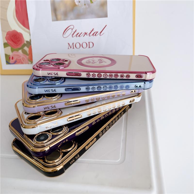 Luksusowa powłoka Rose Flower Frame Magsafe Magnetic Phone Case do iPhone'a 11 12 13 14 15 Pro Max Osłona obiektywu na etui 14 Plus