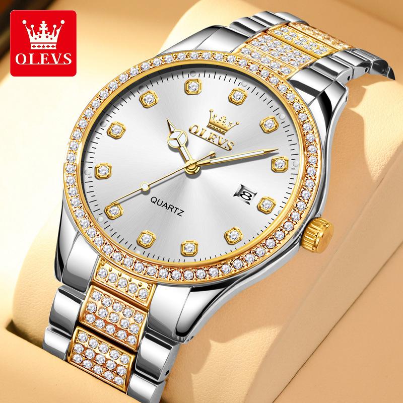 

OLEVS Чоловічі діамантові годинники Розкішні ділові наручні годинники з нержавіючої сталі, кварцові водонепроникні денні годинники з датою. білий