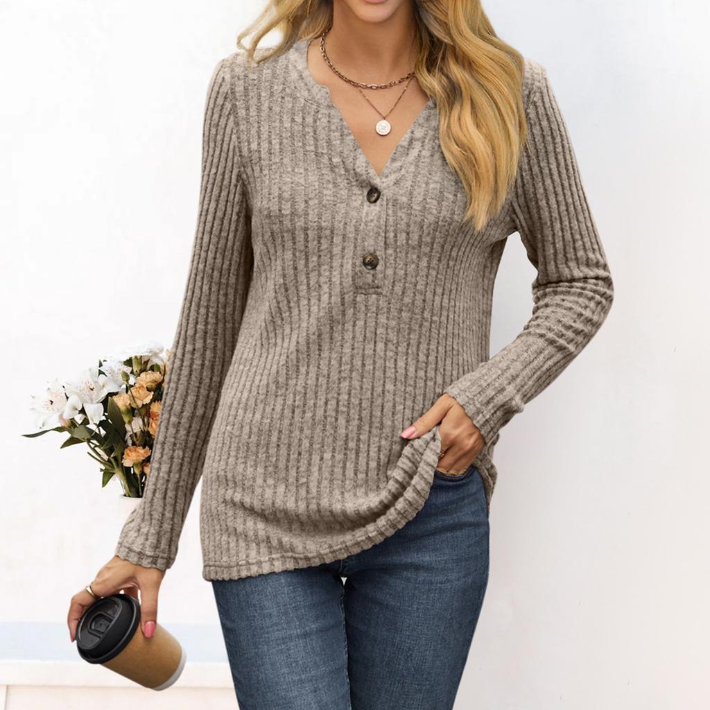 Women's Fashion Solid Color Long Sleeve Button Pullover V Neck Casual Loose Tops