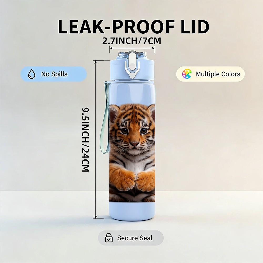 1PC Realistic Tiger Cub Animal Print 750ml Color Plastic Sports Water Bottle Leakproof Flip Straw Lid Suitable for Sports Office Home Use