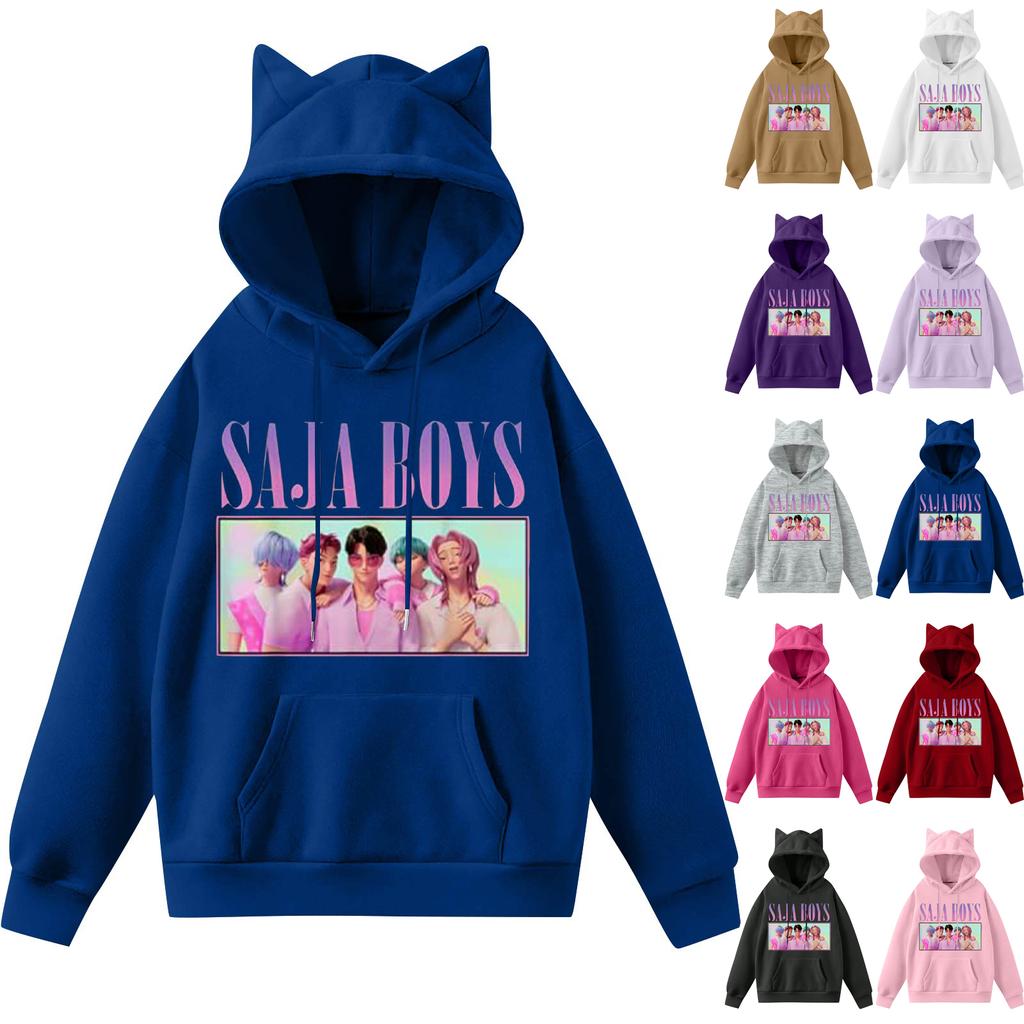 Damemote Casual Langermet trykt Rundhals hettegenser Pullover Topp med lommer