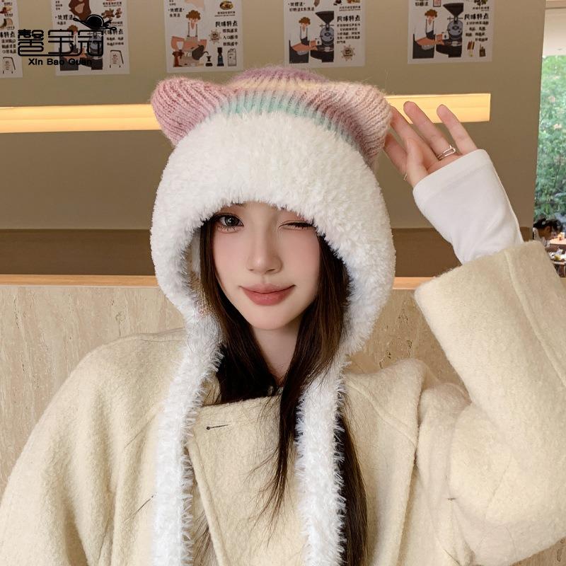 Autumn and Winter Plush Cat Ears Knitted Headgear Outdoor Plush Warm Wool Hat Women's Versatile Ear Protection
