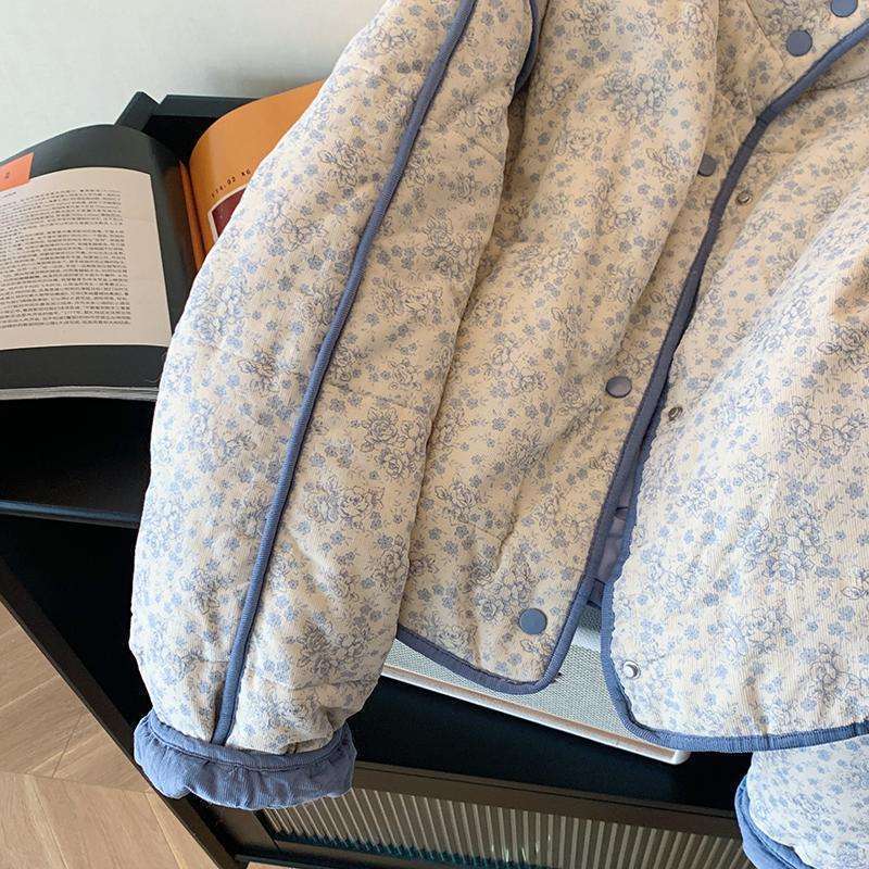 Blue Small Floral Corduroy Splicing Cotton Jacket Women's 2025 Winter New Warm Lazy Top