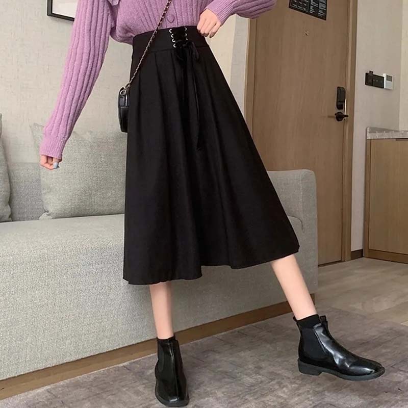 Falda Vintage de Línea A de Cintura Alta para Mujer Cintura Elástica con Cordones Falda Midi Plisada Primavera y Otoño