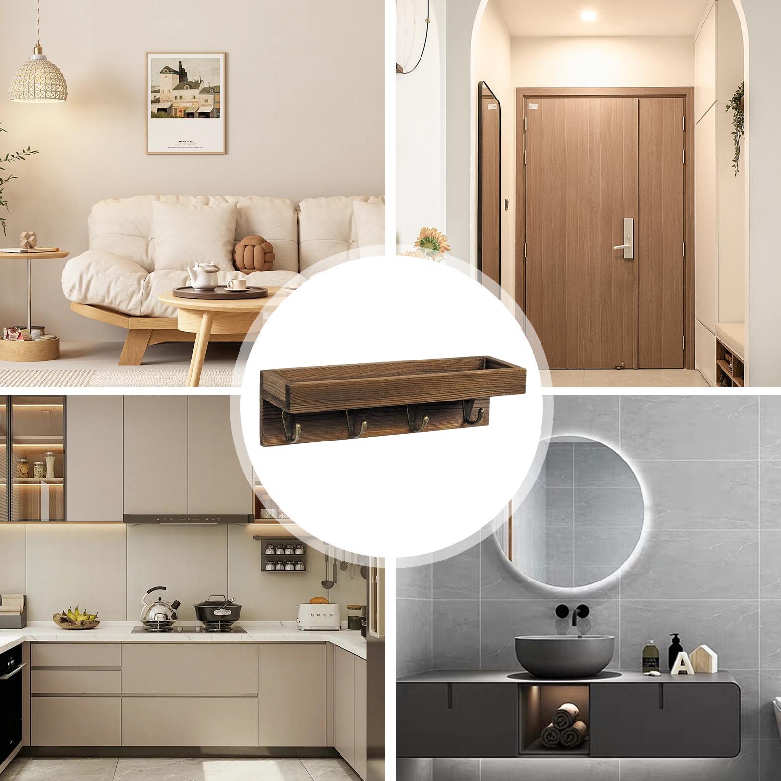 

Rustic Wooden Key Holder with 4 Hooks Storage Tray Easy Install Wall-Mounted Organizer for Keys Mail and More for Bedroom Office CN