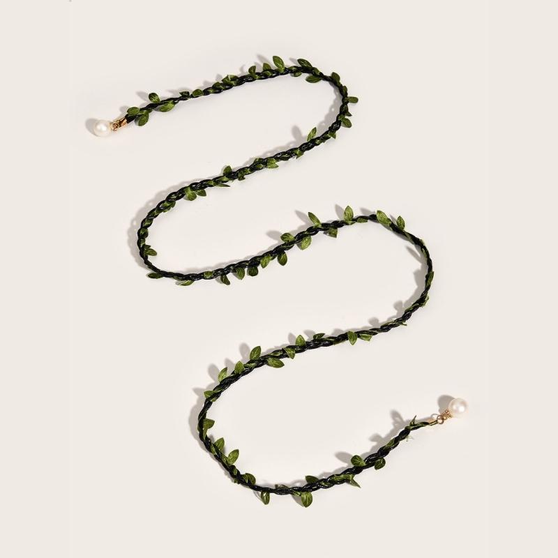Green Leaves Thin Waist Belt Women Adjustable Belt with Pearl Pendant Belt