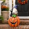 Holiday Gift for Her Halloween Gnome Outdoor Garden Statue, Resin On Pumpkin Figurine with Cute Black Cat Cat, Fall Autumn Dwarf Sculpture Porch Yard