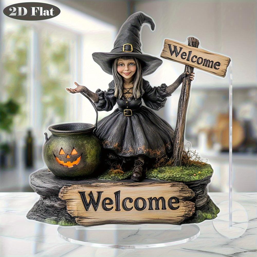 2D Flat Halloween Witch Pumpkin Acrylic Decoration - with Welcome Logo, Vintage Tabletop Ornament with Base, Perfect Halloween Gift