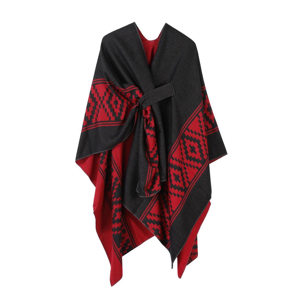 Women's European & American Double-Sided Solid Color Cape Shawl with Striped Edge