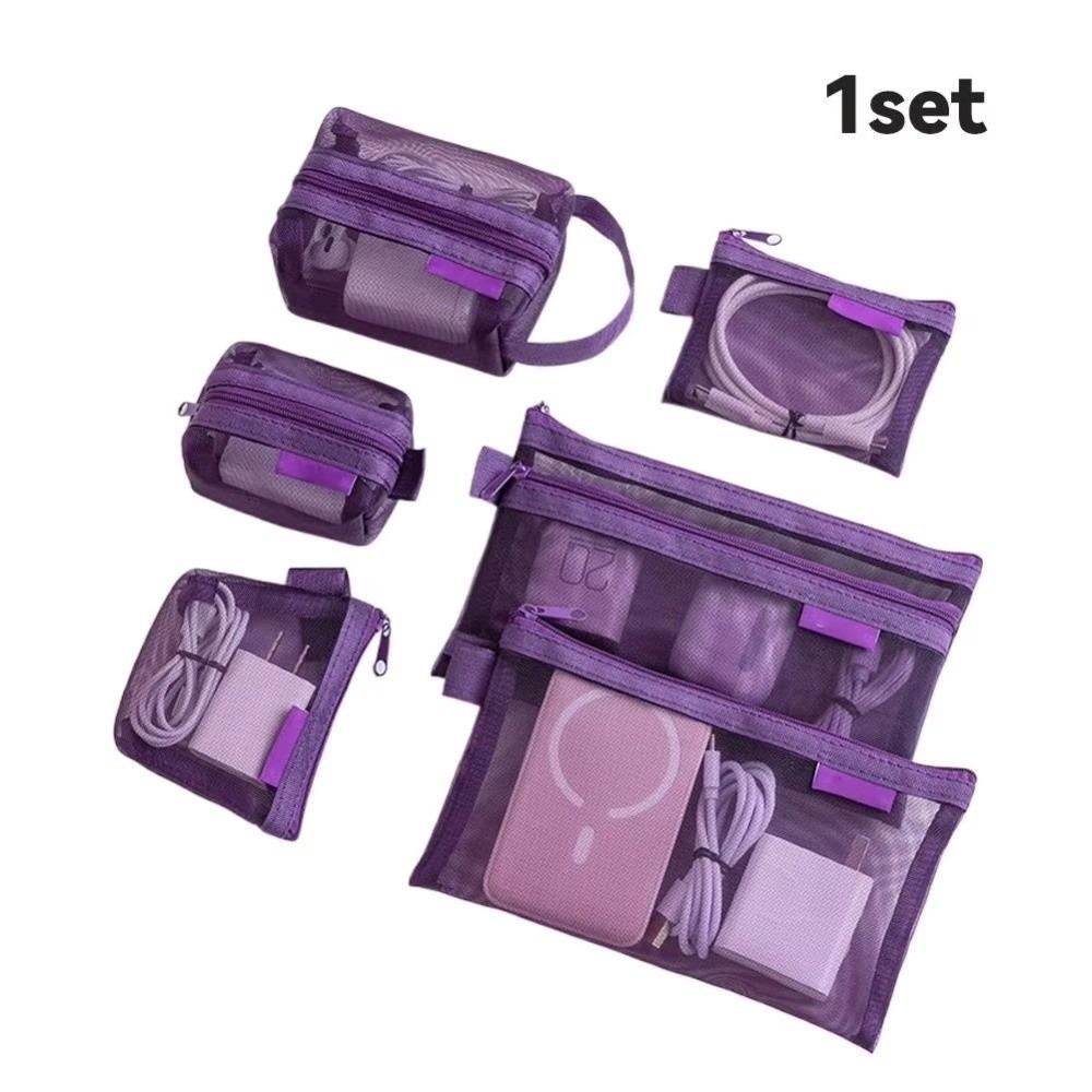 

6pcs Set Square Mesh Storage Pouch Nylon Mini Zipper Coin Purse Charging Cables Storage Home Use фіолетовий
