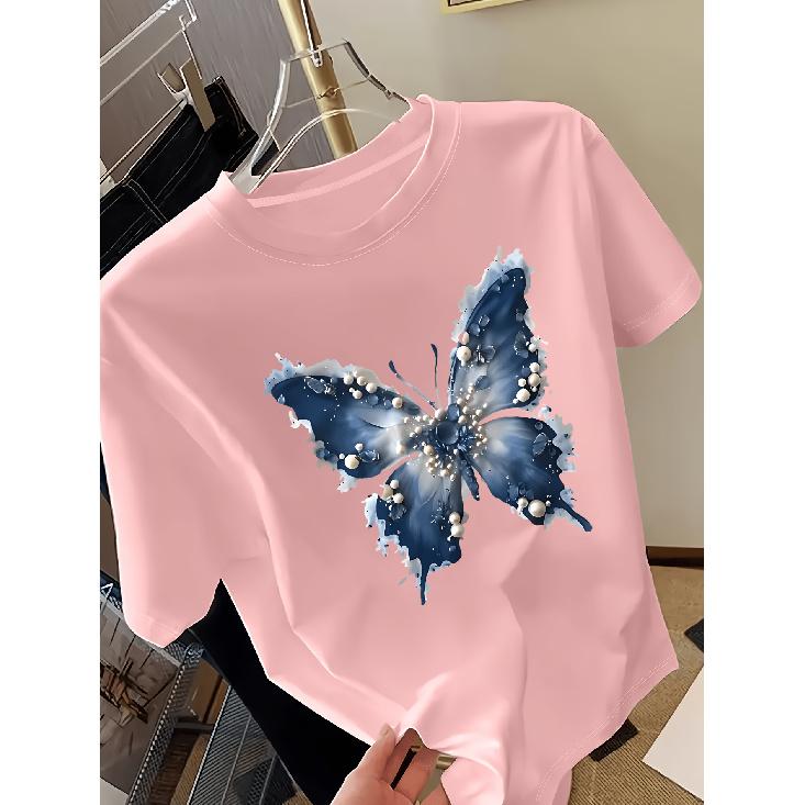 Pearl Blue Butterfly Ink Splash Print Round Neck Short Sleeve Women s Top T Shirt Lightweight summer vacation top Spring and Summer Collection S розовый
