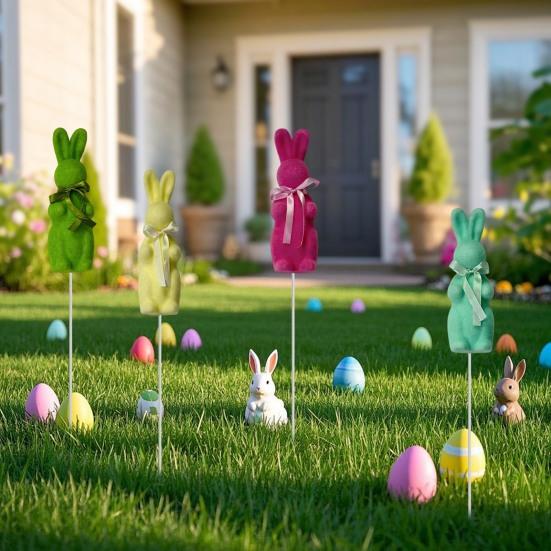 Easter Flocked Bunny Figurine Small Foam Rabbit with Bow Tie Spring Bunny Stake for Outdoor Indoor Yard Lawn Planter Pot Decor