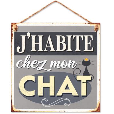 [R3536] - Metal Plaque 'I Live with My Cat' Gray - 20x20 Cm