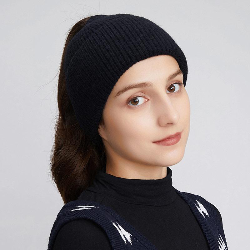 A Women's Knitted Hat with Exposed Braids, Autumn and Winter Thick Ear Protection Hat, Women's High Ponytail Braid