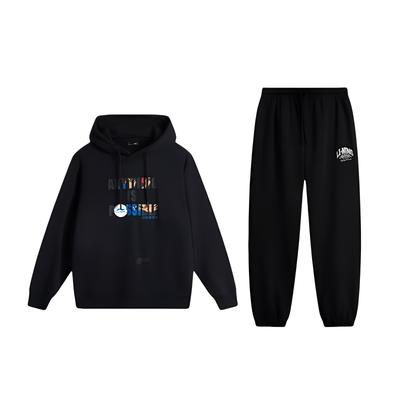 Li Ning Printed Letter Comfortable Fashion Loose Fit Hooded Long Sleeve Mid Waist Drawstring Pants Sports Suit Unisex Tracksuits AWDV245-1+AKLU939-4