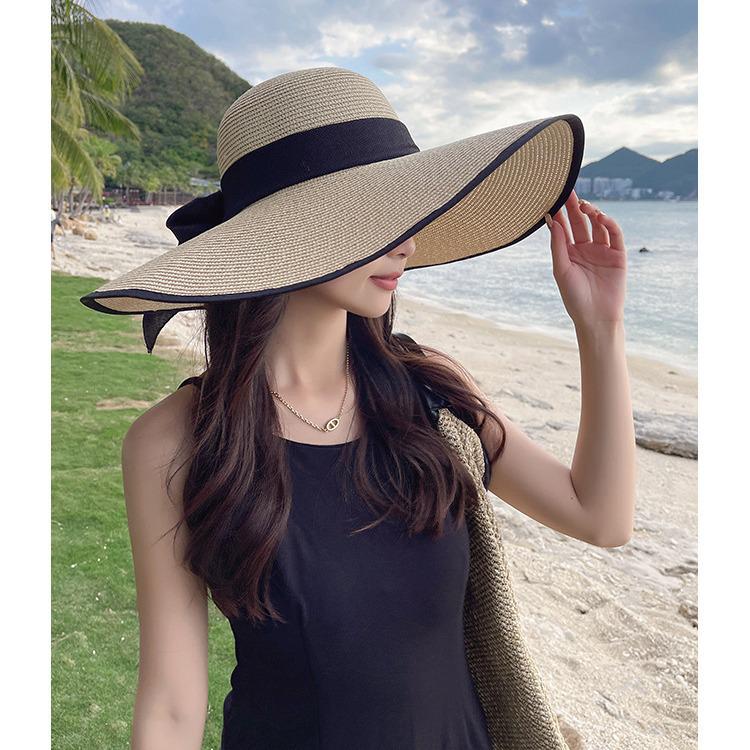 Women's Extra Large Wide Brim Straw Sun Hat with Bowknot - Summer Seaside UV Protection
