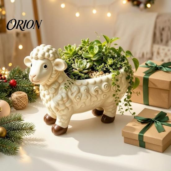 Resin Succulent Container Curly Sheep Planter Pot, Cute Lamb Flower Decorative Creative Animal Statue Plant Pot for Succulents Cacti Indoor