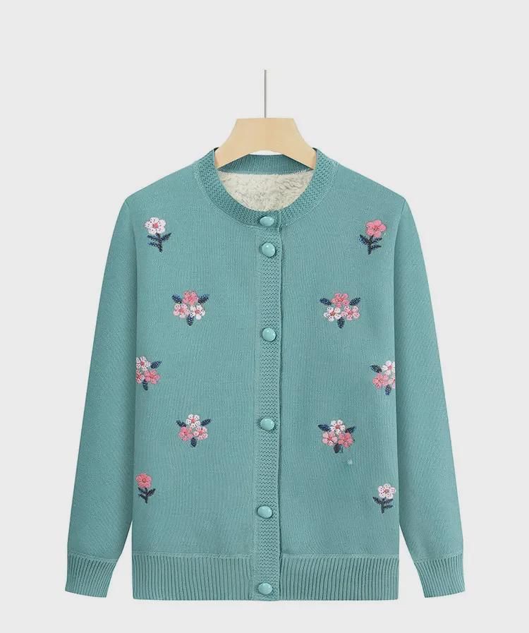 Middelaldrende og eldre kvinners strikkede cardigan med plussfløyel - Høst/vinter genser med rund hals