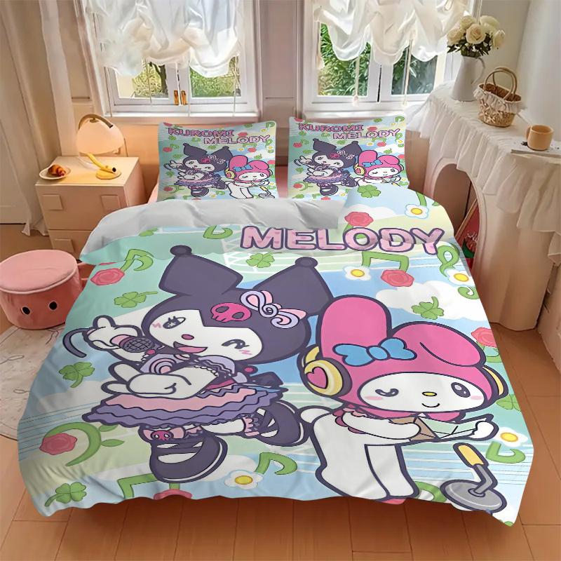 3pcs Musical Adventure Kuromi & Melody Quilt Set - Soft and Comfortable Bedroom, Guest Room and Dorm Decor Bedding Set 1 Quilt Cover + 2 Pil