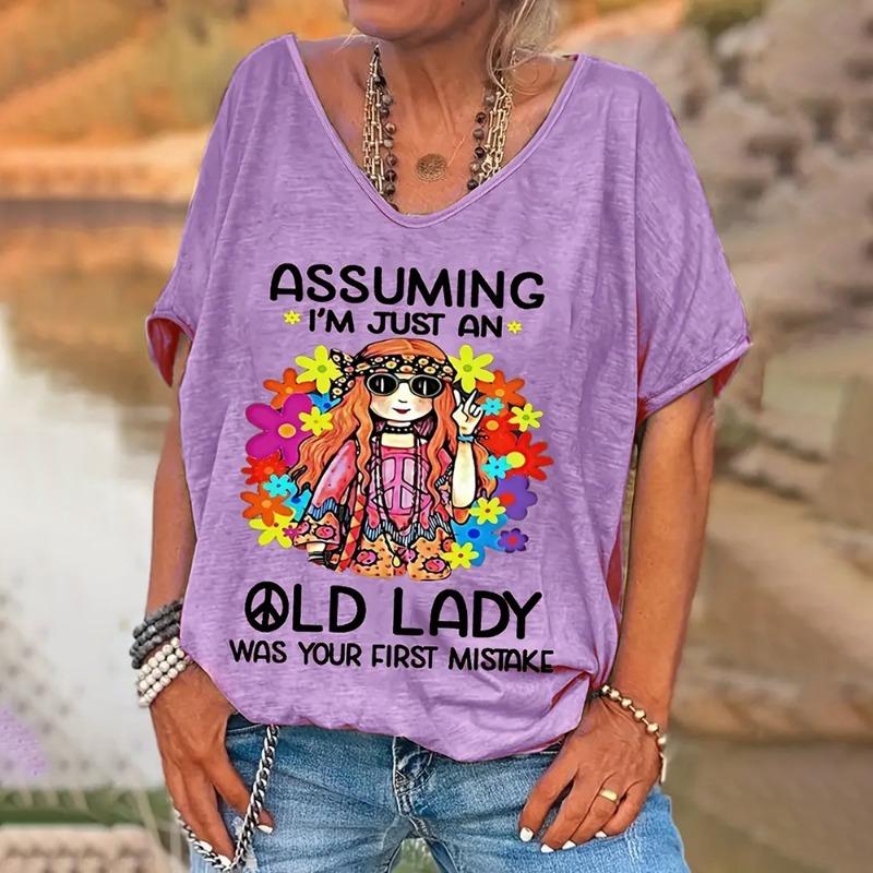 Retro Letter Printing V-neck Women's Short-sleeved Daily Weekend Women's Clothing Oversized Summer T-shirt Top