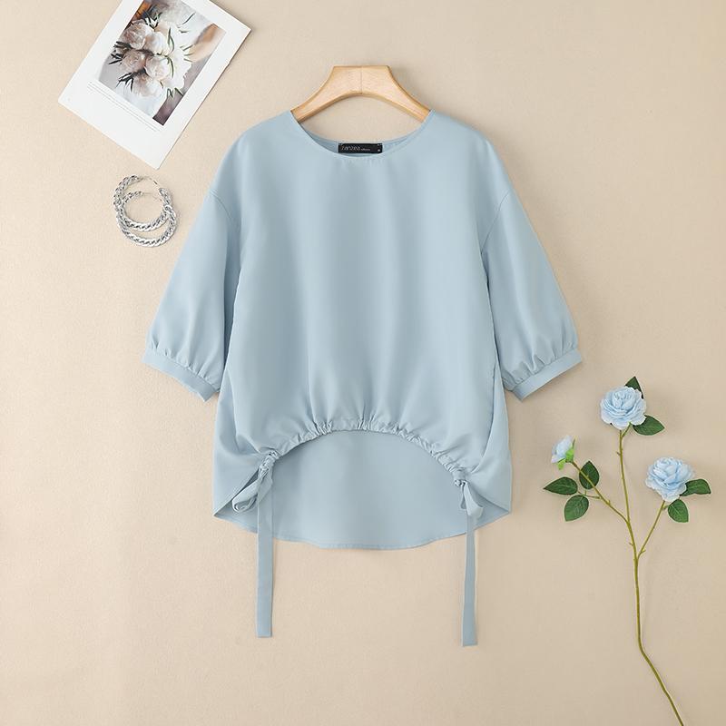 

ZANZEA Женская повседневная блузка с круглым вырезом, свободного кроя, с рукавами 3/4, летняя S светло-синий