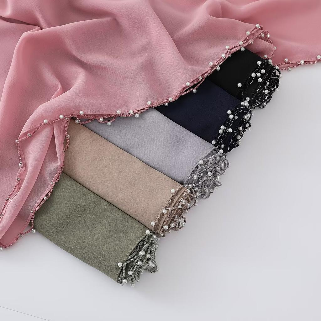 New pearl rope edge chiffon scarf women's shawl multi-functional shawl light and breathable headscarf veil
