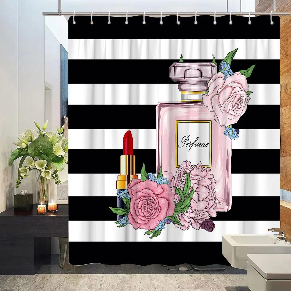 Kosmetisk Parfym och Blommig Duschdraperi och Matta Badrumssats Blommor Klackar Läppstift Hemtextil Hängande Gardiner Badrumsinredning
