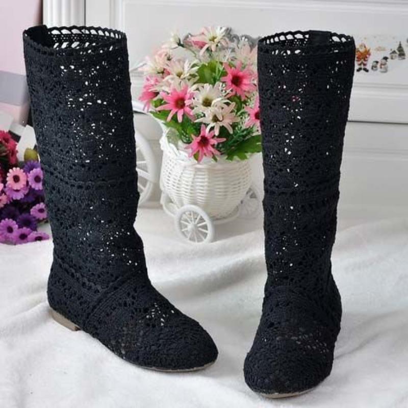 Comercio exterior nuevo primavera tejido hueco botas red de botas botas altas botas Martin botas planas de una sola suela botas frescas mujer