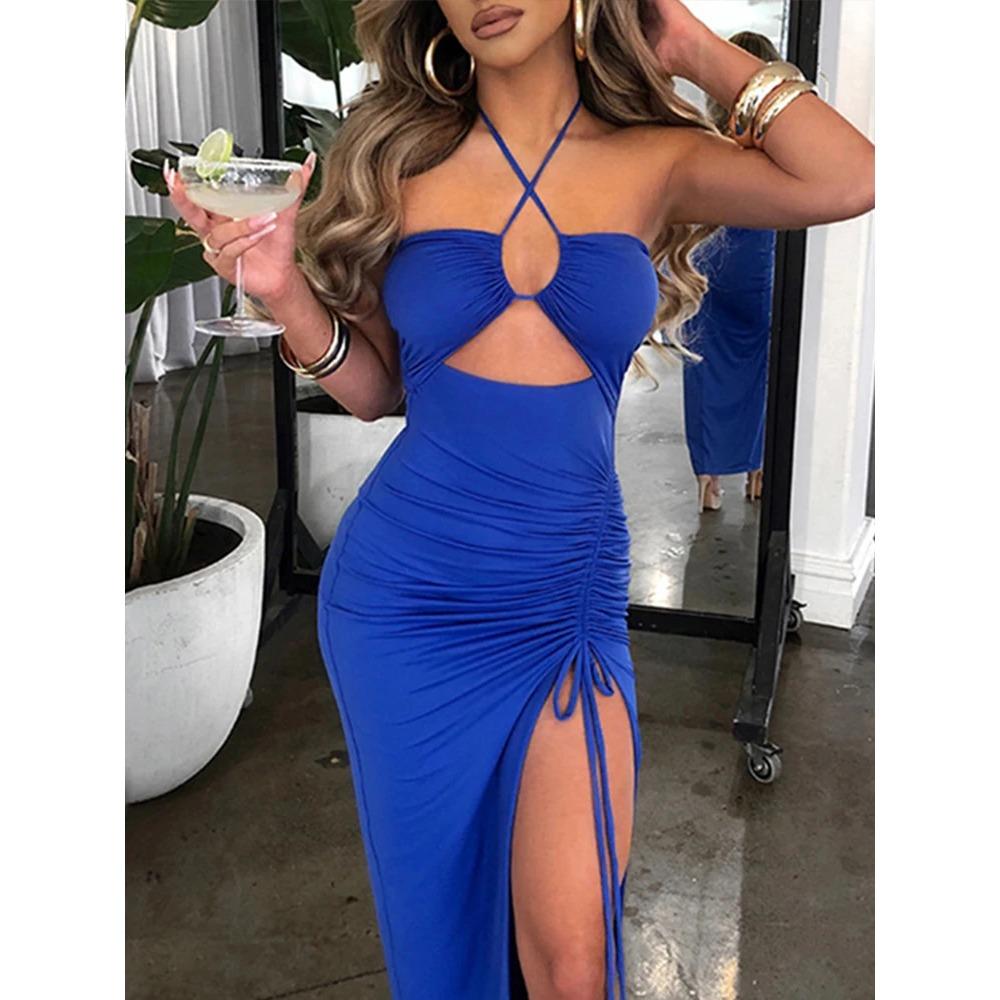 Letní sexy šaty pro ženy bez rukávů s odhalenými zády s výřezy společenské šaty módní šněrovací halterové bodycon elegantní šaty s rozparkem