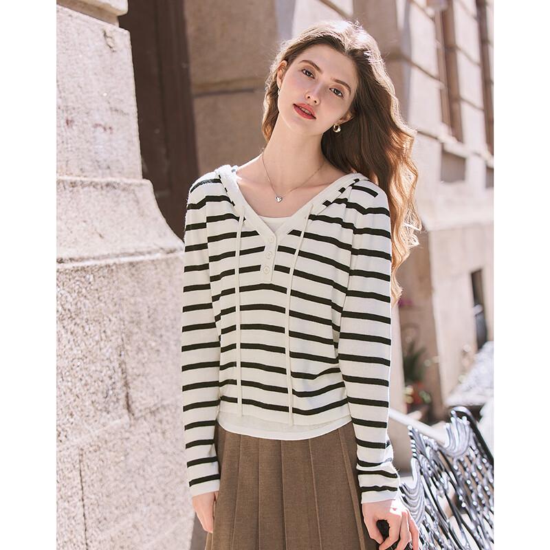 Betu Women's 2025 Spring Faux Two-Piece Color-Block Hooded Knit Sweater