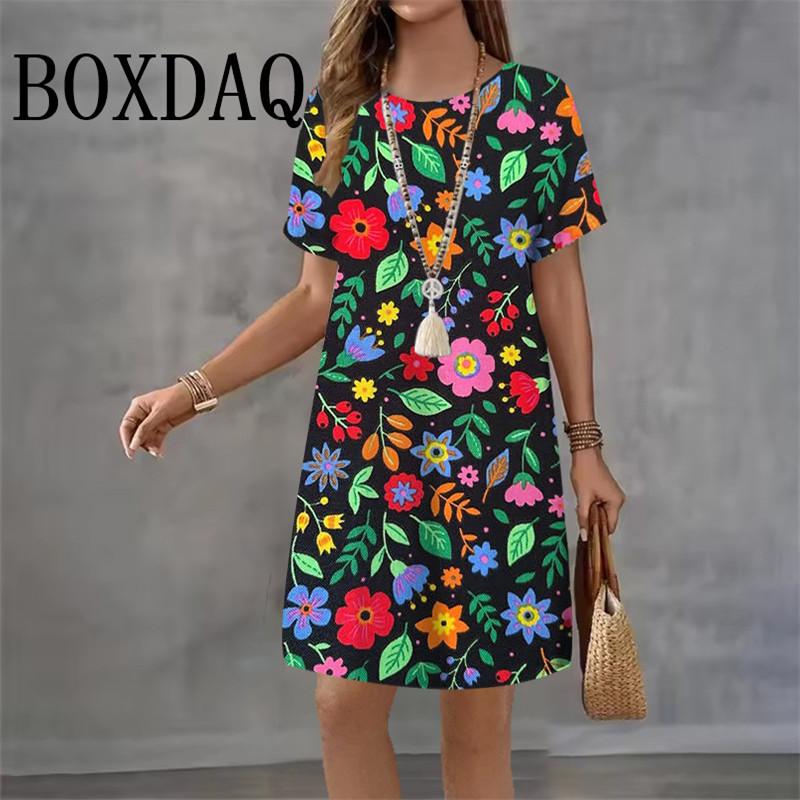 

Women s Fashion Flower Print Dress Loose Versatile Casual Dresses 8XL